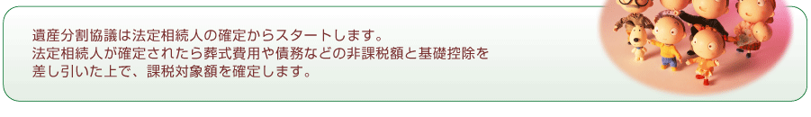 遺産分割協議は法定相続人の確定からスタート。葬式費用や債務などの非課税額と基礎控除を差し引いた上で、課税対象額を確定します。